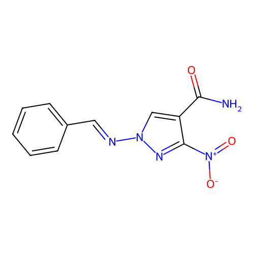 1-[(E)-benzylideneamino]-3-nitropyrazole-4-carboxamide structure