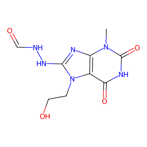 N'-(7-(2-hydroxyethyl)-3-methyl-2,6-dioxo-2,3,6,7-tetrahydro-1H-purin-8-yl)formohydrazide structure