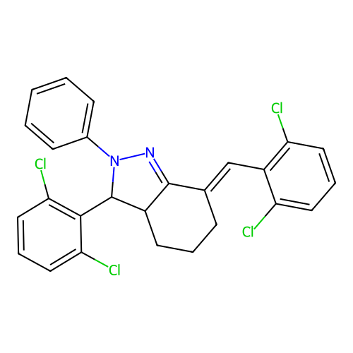 (E)-7-(2,6-dichlorobenzylidene)-3-(2,6-dichlorophenyl)-2-phenyl-3,3a,4,5,6,7-hexahydro-2H-indazole structure