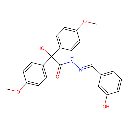 (E)-2-hydroxy-N'-(3-hydroxybenzylidene)-2,2-bis(4-methoxyphenyl)acetohydrazide structure