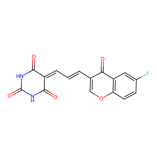 (E)-5-(3-(6-fluoro-4-oxo-4H-chromen-3-yl)allylidene)pyrimidine-2,4,6(1H,3H,5H)-trione structure