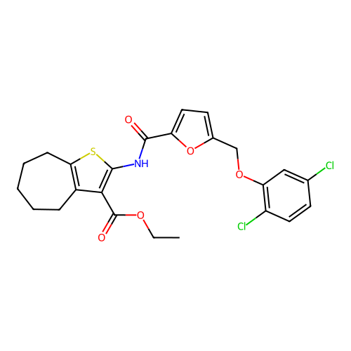 ethyl 2-[({5-[(2,5-dichlorophenoxy)methyl]furan-2-yl}carbonyl)amino]-5,6,7,8-tetrahydro-4H-cyclohepta[b]thiophene-3-carboxylate structure