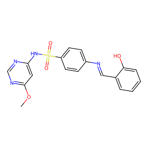 (E)-4-((2-hydroxybenzylidene)amino)-N-(6-methoxypyrimidin-4-yl)benzenesulfonamide structure