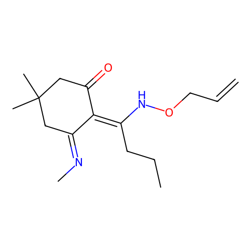 2-{1-[(Z)-Allyloxyimino]-butyl}-5,5-dimethyl-3-methylamino-cyclohex-2-enone structure