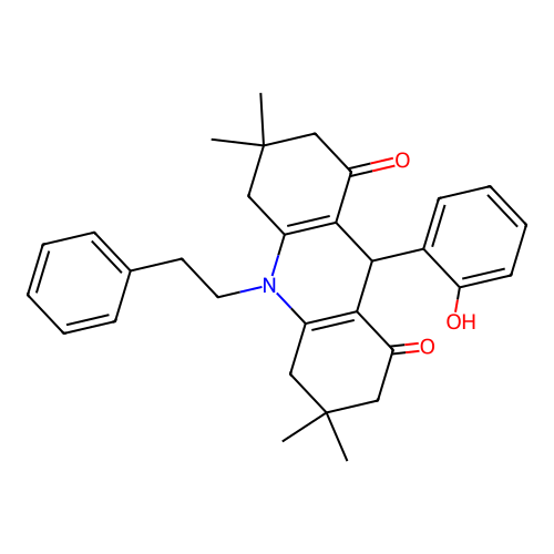 9-(2-hydroxyphenyl)-3,3,6,6-tetramethyl-10-phenethyl-4,5,7,9-tetrahydro-2H-acridine-1,8-dione structure
