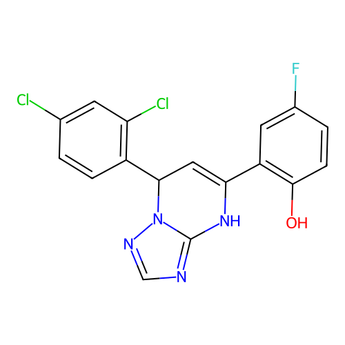 2-(7-(2,4-dichlorophenyl)-4,7-dihydro-[1,2,4]triazolo[1,5-a]pyrimidin-5-yl)-4-fluorophenol structure