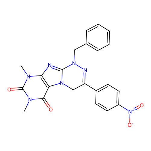 1-benzyl-7,9-dimethyl-3-(4-nitrophenyl)-7,9-dihydro-[1,2,4]triazino[3,4-f]purine-6,8(1H,4H)-dione structure