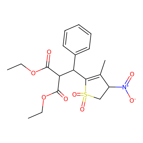 diethyl 2-((3-methyl-4-nitro-1,1-dioxido-4,5-dihydrothiophen-2-yl)(phenyl)methyl)malonate structure
