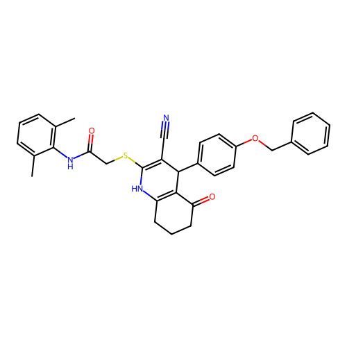 2-({4-[4-(benzyloxy)phenyl]-3-cyano-5-oxo-1,4,5,6,7,8-hexahydroquinolin-2-yl}sulfanyl)-N-(2,6-dimethylphenyl)acetamide structure