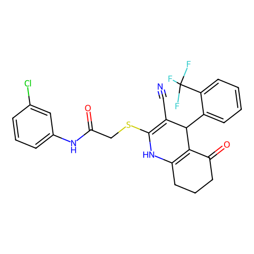 N-(3-chlorophenyl)-2-({3-cyano-5-oxo-4-[2-(trifluoromethyl)phenyl]-1,4,5,6,7,8-hexahydroquinolin-2-yl}sulfanyl)acetamide structure