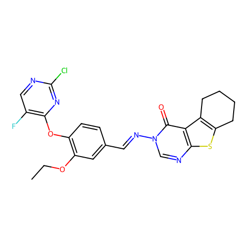 (E)-3-((4-((2-chloro-5-fluoropyrimidin-4-yl)oxy)-3-ethoxybenzylidene)amino)-5,6,7,8-tetrahydrobenzo[4,5]thieno[2,3-d]pyrimidin-4(3H)-one structure
