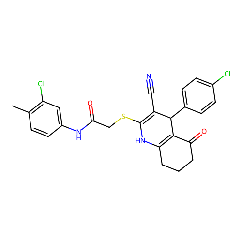N-(3-chloro-4-methylphenyl)-2-((4-(4-chlorophenyl)-3-cyano-5-oxo-1,4,5,6,7,8-hexahydroquinolin-2-yl)thio)acetamide structure