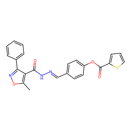 (E)-4-((2-(5-methyl-3-phenylisoxazole-4-carbonyl)hydrazono)methyl)phenyl thiophene-2-carboxylate structure