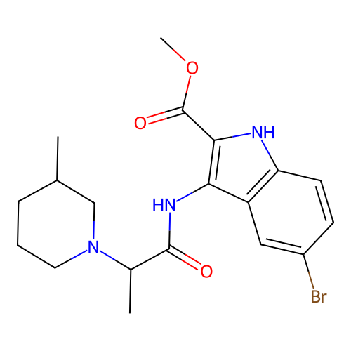 methyl 5-bromo-3-(2-(3-methylpiperidin-1-yl)propanamido)-1H-indole-2-carboxylate structure
