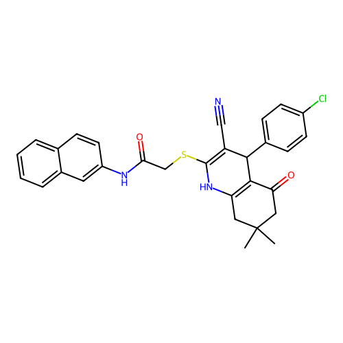 2-((4-(4-chlorophenyl)-3-cyano-7,7-dimethyl-5-oxo-1,4,5,6,7,8-hexahydroquinolin-2-yl)thio)-N-(naphthalen-2-yl)acetamide structure