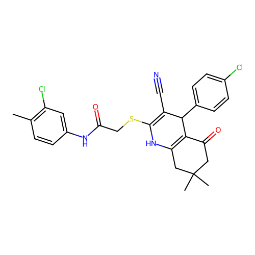 N-(3-chloro-4-methylphenyl)-2-((4-(4-chlorophenyl)-3-cyano-7,7-dimethyl-5-oxo-1,4,5,6,7,8-hexahydroquinolin-2-yl)thio)acetamide structure