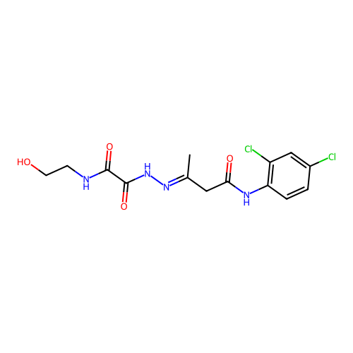 N-(2,4-Dichloro-phenyl)-3-[(2-hydroxy-ethylaminooxalyl)-hydrazono]-butyramide structure