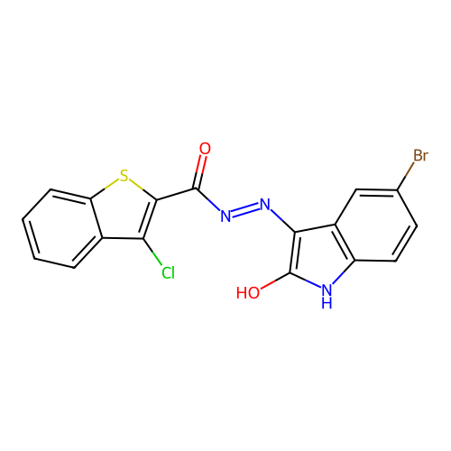 N'-(5-bromo-2-oxo-indol-3-yl)-3-chloro-benzothiophene-2-carbohydrazide structure