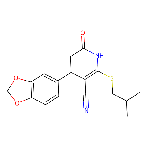 4-(1,3-benzodioxol-5-yl)-2-[(2-methylpropyl)sulfanyl]-6-oxo-1,4,5,6-tetrahydropyridine-3-carbonitrile structure