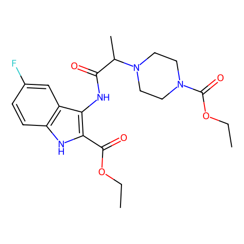 Ethyl 3-[2-(4-ethoxycarbonylpiperazin-1-yl)propanoylamino]-5-fluoro-1H-indole-2-carboxylate structure