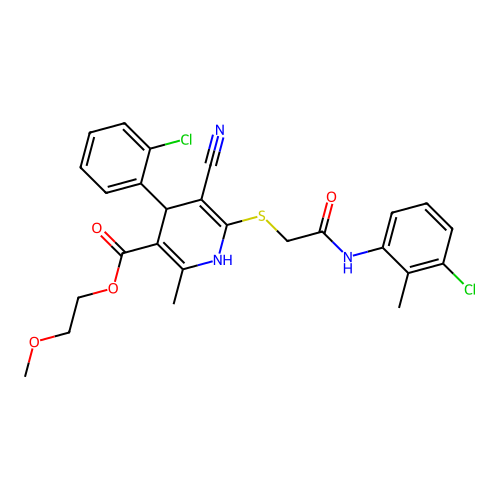 2-methoxyethyl 6-((2-((3-chloro-2-methylphenyl)amino)-2-oxoethyl)thio)-4-(2-chlorophenyl)-5-cyano-2-methyl-1,4-dihydropyridine-3-carboxylate structure