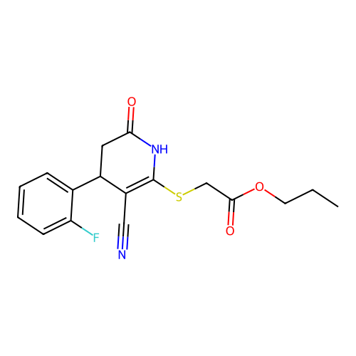 propyl {[3-cyano-4-(2-fluorophenyl)-6-oxo-1,4,5,6-tetrahydropyridin-2-yl]sulfanyl}acetate structure
