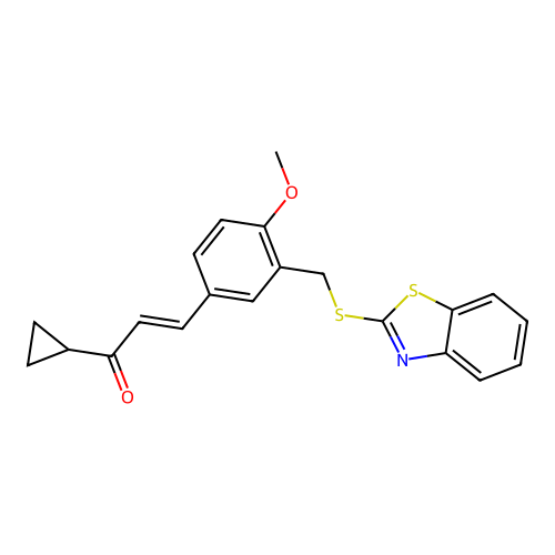 (E)-3-(3-((benzo[d]thiazol-2-ylthio)methyl)-4-methoxyphenyl)-1-cyclopropylprop-2-en-1-one structure