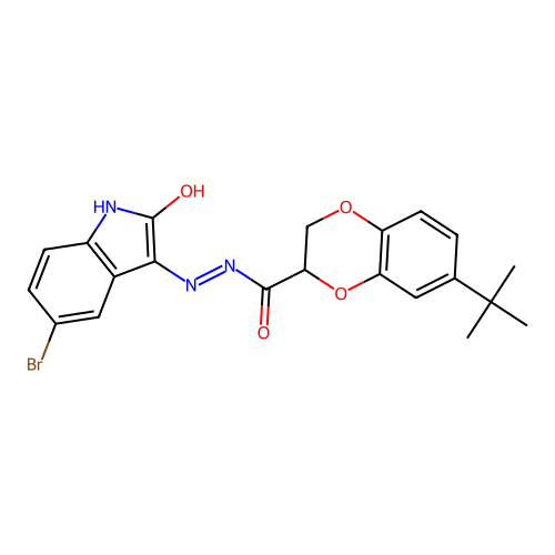 (E)-N'-(5-bromo-2-oxoindolin-3-ylidene)-7-(tert-butyl)-2,3-dihydrobenzo[b][1,4]dioxine-2-carbohydrazide structure