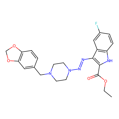 (E)-ethyl 3-((4-(benzo[d][1,3]dioxol-5-ylmethyl)piperazin-1-yl)diazenyl)-5-fluoro-1H-indole-2-carboxylate structure