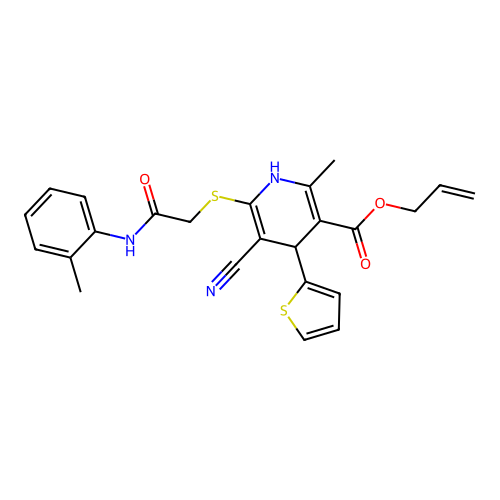 allyl 5-cyano-2-methyl-6-((2-oxo-2-(o-tolylamino)ethyl)thio)-4-(thiophen-2-yl)-1,4-dihydropyridine-3-carboxylate structure