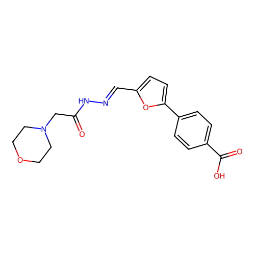 (E)-4-(5-((2-(2-morpholinoacetyl)hydrazono)methyl)furan-2-yl)benzoic acid structure