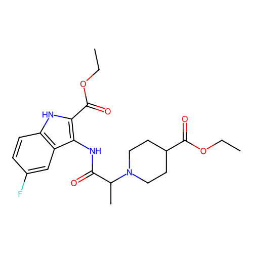 ethyl 3-(2-(4-(ethoxycarbonyl)piperidin-1-yl)propanamido)-5-fluoro-1H-indole-2-carboxylate structure