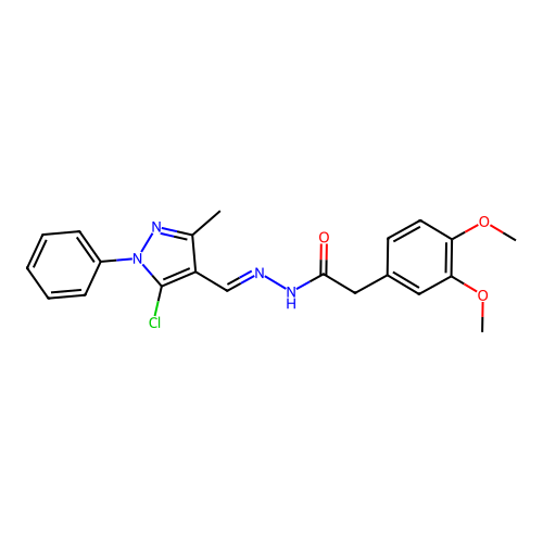 N-[(E)-(5-chloro-3-methyl-1-phenylpyrazol-4-yl)methylideneamino]-2-(3,4-dimethoxyphenyl)acetamide structure