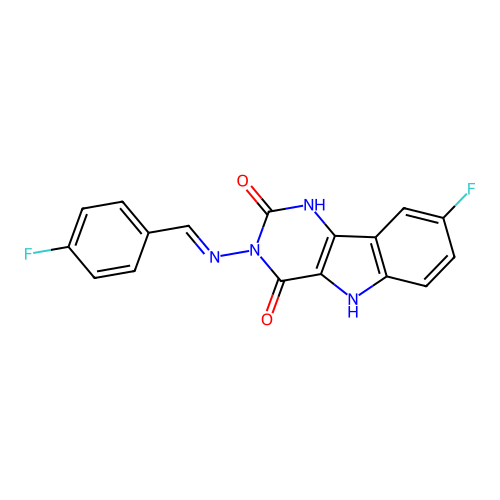 (E)-8-fluoro-3-((4-fluorobenzylidene)amino)-1H-pyrimido[5,4-b]indole-2,4(3H,5H)-dione structure