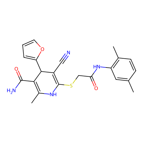 5-cyano-6-((2-((2,5-dimethylphenyl)amino)-2-oxoethyl)thio)-4-(furan-2-yl)-2-methyl-1,4-dihydropyridine-3-carboxamide structure