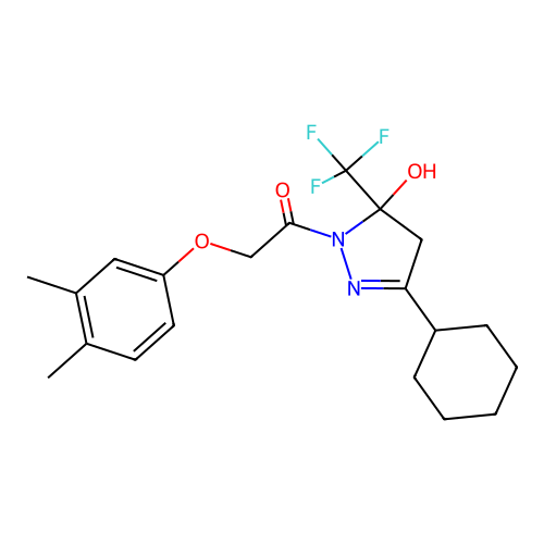 1-[3-cyclohexyl-5-hydroxy-5-(trifluoromethyl)-4,5-dihydro-1H-pyrazol-1-yl]-2-(3,4-dimethylphenoxy)ethanone structure