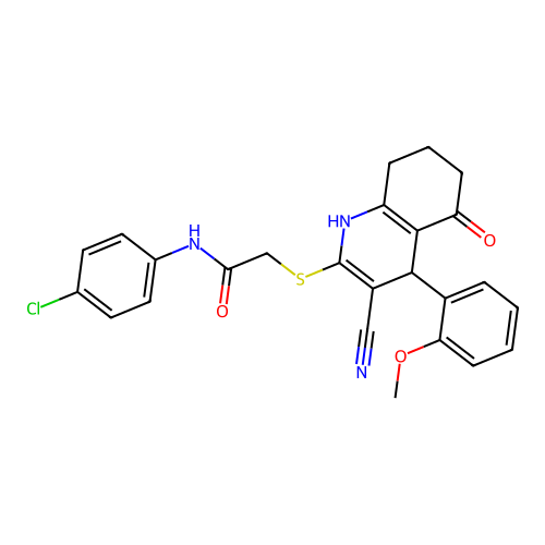 N-(4-chlorophenyl)-2-((3-cyano-4-(2-methoxyphenyl)-5-oxo-1,4,5,6,7,8-hexahydroquinolin-2-yl)thio)acetamide structure