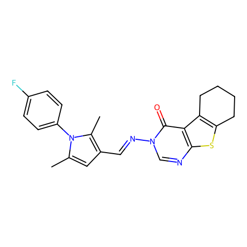 (E)-3-(((1-(4-fluorophenyl)-2,5-dimethyl-1H-pyrrol-3-yl)methylene)amino)-5,6,7,8-tetrahydrobenzo[4,5]thieno[2,3-d]pyrimidin-4(3H)-one structure