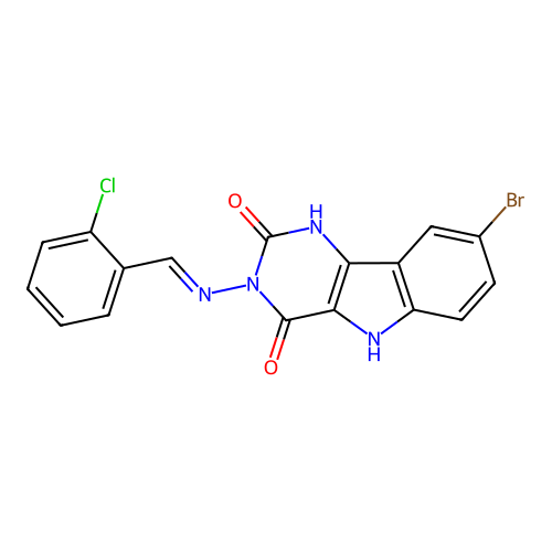 (E)-8-bromo-3-((2-chlorobenzylidene)amino)-1H-pyrimido[5,4-b]indole-2,4(3H,5H)-dione structure