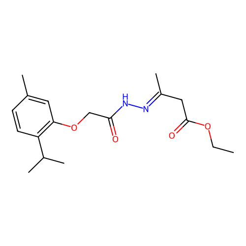 (E)-ethyl 3-(2-(2-(2-isopropyl-5-methylphenoxy)acetyl)hydrazono)butanoate structure