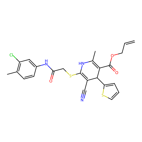 allyl 6-((2-((3-chloro-4-methylphenyl)amino)-2-oxoethyl)thio)-5-cyano-2-methyl-4-(thiophen-2-yl)-1,4-dihydropyridine-3-carboxylate structure