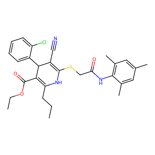 ethyl 4-(2-chlorophenyl)-5-cyano-6-((2-(mesitylamino)-2-oxoethyl)thio)-2-propyl-1,4-dihydropyridine-3-carboxylate structure
