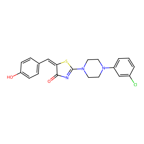 (E)-2-(4-(3-chlorophenyl)piperazin-1-yl)-5-(4-hydroxybenzylidene)thiazol-4(5H)-one structure
