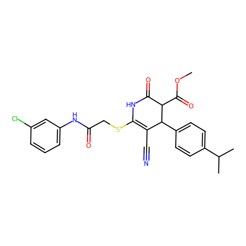 methyl 6-((2-((3-chlorophenyl)amino)-2-oxoethyl)thio)-5-cyano-4-(4-isopropylphenyl)-2-oxo-1,2,3,4-tetrahydropyridine-3-carboxylate structure