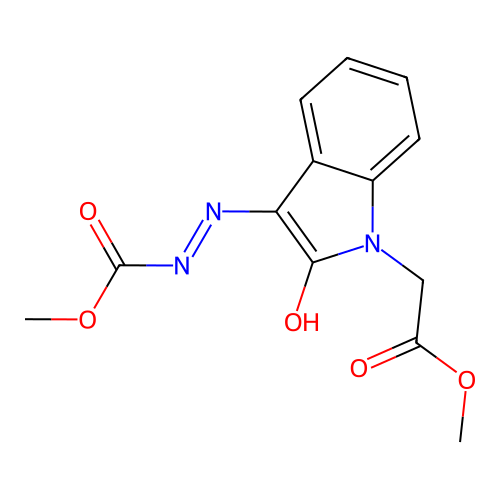 (E)-methyl 2-(1-(2-methoxy-2-oxoethyl)-2-oxoindolin-3-ylidene)hydrazinecarboxylate structure