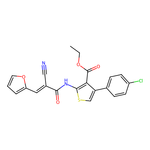 (E)-ethyl 4-(4-chlorophenyl)-2-(2-cyano-3-(furan-2-yl)acrylamido)thiophene-3-carboxylate structure
