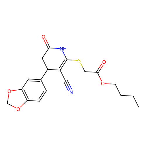 butyl {[4-(1,3-benzodioxol-5-yl)-3-cyano-6-hydroxy-4,5-dihydropyridin-2-yl]sulfanyl}acetate structure
