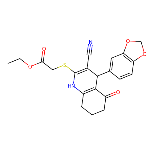 ethyl {[4-(1,3-benzodioxol-5-yl)-3-cyano-5-oxo-1,4,5,6,7,8-hexahydroquinolin-2-yl]sulfanyl}acetate structure