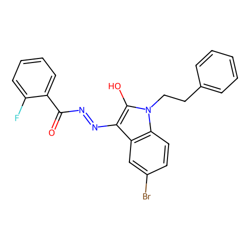 N-[(5-bromo-2-oxo-1-phenethyl-indol-3-ylidene)amino]-2-fluoro-benzamide structure