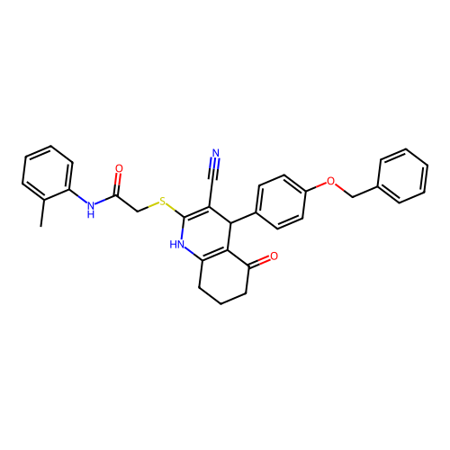 2-({4-[4-(benzyloxy)phenyl]-3-cyano-5-oxo-1,4,5,6,7,8-hexahydroquinolin-2-yl}sulfanyl)-N-(2-methylphenyl)acetamide structure